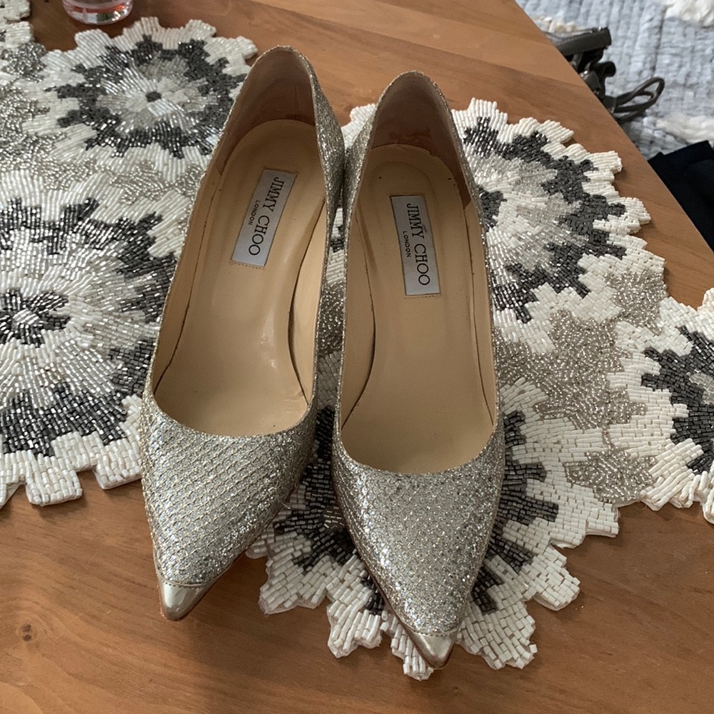 Jimmy Choo Champaign sparkle pumps.